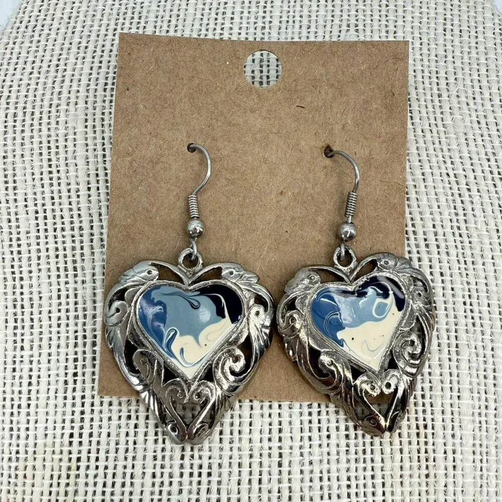 Vintage Silver Tone Heart Earrings Swirl Coloring